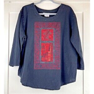 Brie Kriebel 3/4 Sleeve Patchwork Top Womens 2XL Black Red Love Character Cotton